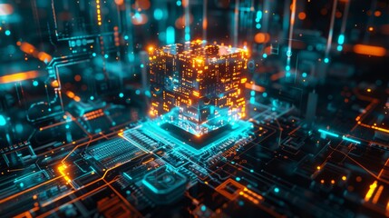 Obraz premium Abstract Digital Circuitry: A Glowing Cube of Data