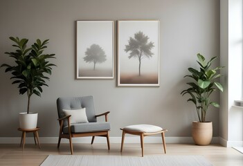 A minimalist living room with a wooden armchair, a potted plant, and a framed artwork depicting two trees in a misty, natural setting.
