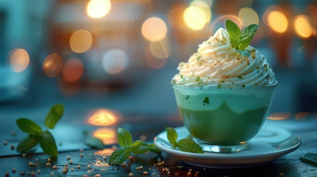 Green tea latte with whipped cream and mint garnish. AI.