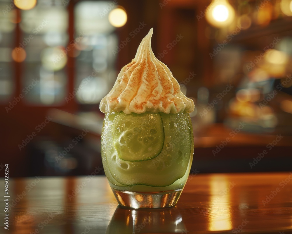 Poster a refreshing drink with cucumber and a fluffy topping. ai.