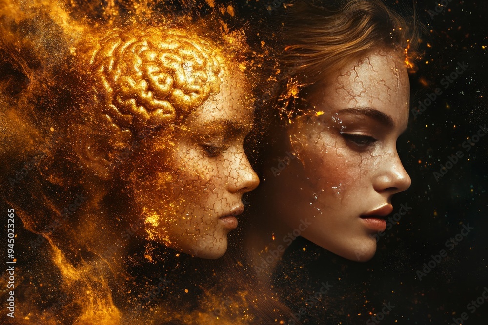 Poster a surreal double exposure portrait of a woman with a glowing brain symbolizing the integration of in