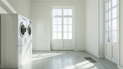 A minimalist laundry room featuring a washing machine and large windows.