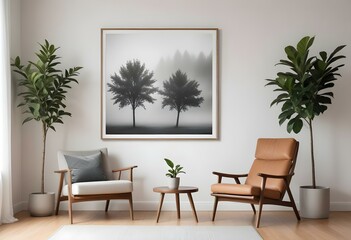 A minimalist living room with a wooden armchair, a potted plant, and a framed artwork depicting two trees in a misty, natural setting.