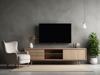 Modern Living Room with Television, Armchair, and Wooden Cabinet
