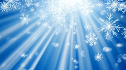 Blue background with white snowflakes and rays of light. Space for text. Winter season, holiday celebration. background for the design