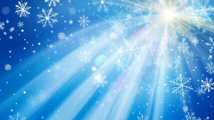 Blue background with white snowflakes and rays of light. Space for text. Winter season, holiday celebration. background for the design