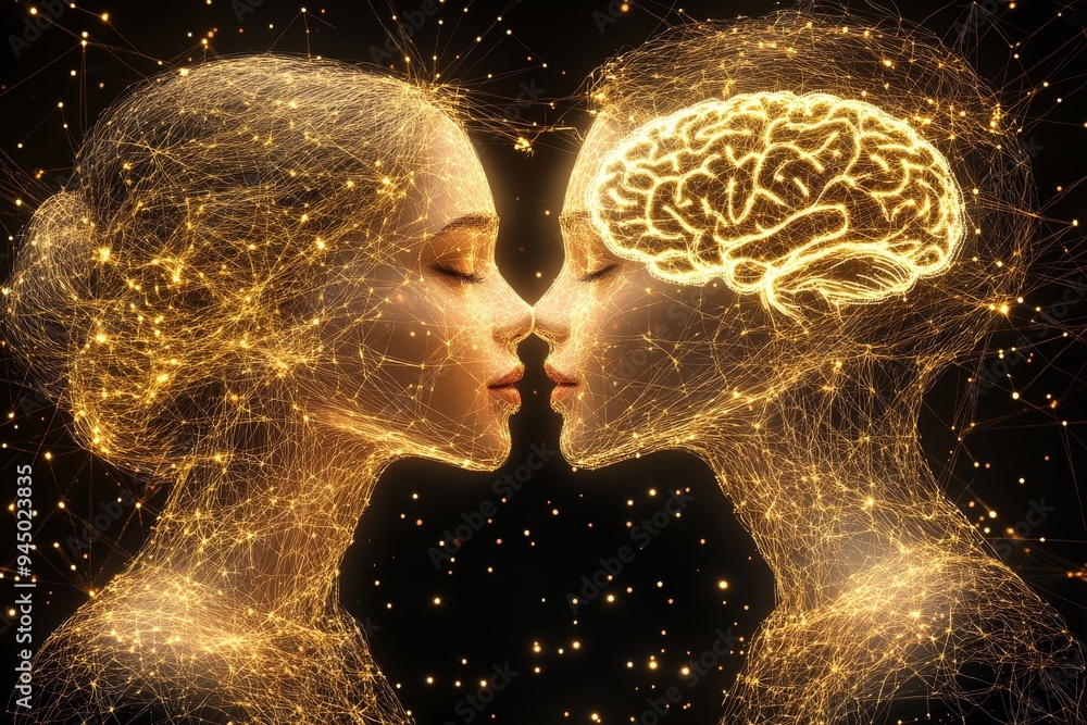 Poster a surreal portrait of a couple with glowing brain patterns representing the deep connection and shar
