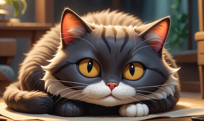 A fluffy gray cat with large yellow eyes lays on a rug in a home, looking directly at the camera