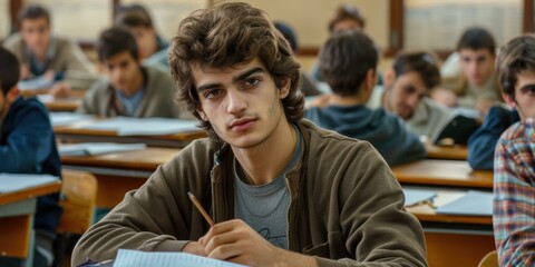 A young man sits at a desk in a classroom, taking notes with a pencil. AI.