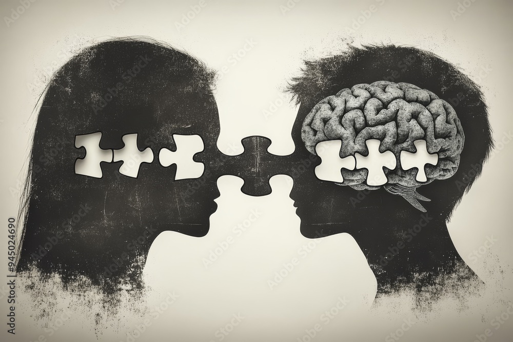 Poster a surreal portrait of two faces with puzzle piece brain patterns symbolizing the intricate and compl
