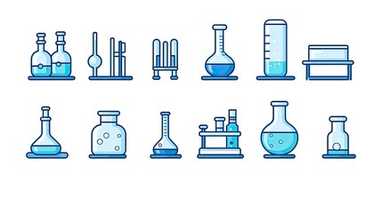 Line and fill style icon set design, Science chemistry laboratory research technology biology equipment and test theme Vector illustration