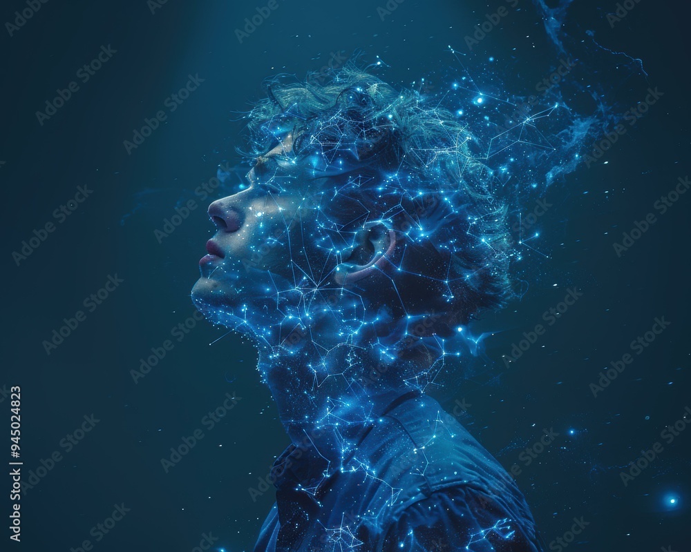 Canvas Prints A man's face is transformed into a constellation of light. AI.