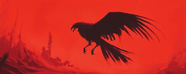 Obraz premium Silhouette of a raven flying against a red background.