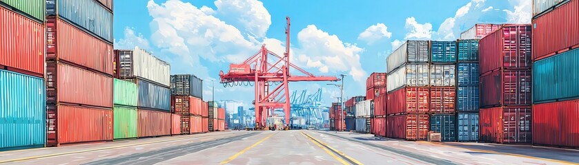 Fototapeta premium Shipping containers stacked high at a port.