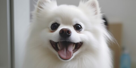 Fototapeta premium White Pomeranian smiling after a vet checkup