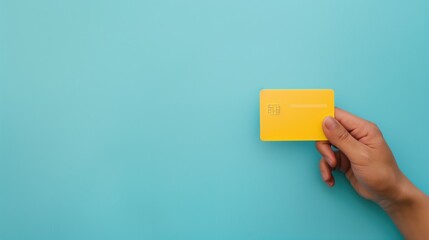 Hand Holding Yellow Credit Card on Blue Background