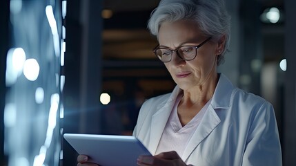 Medical, research and night with doctor and tablet for planning, medicine and schedule. Technology, review and digital with senior woman reading report for healthcare, science and life insurance news