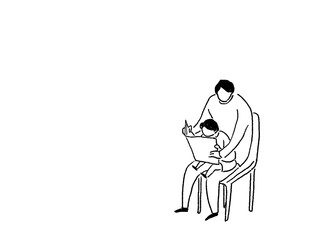 小さい子供と一緒に本を読む父親、線画
