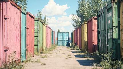 Fototapeta premium Colorful shipping containers against a blue sky with white clouds.