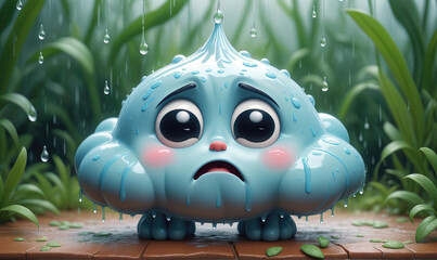 A sad-looking blue rain cloud stands in the rain with large, teary eyes