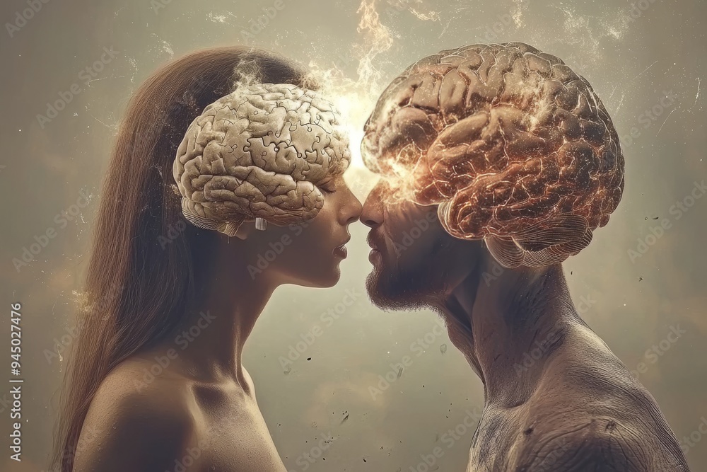 Aufkleber a surreal profile of a couple with glowing brain patterns symbolizing the intellectual and emotional