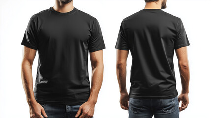 A realistic mock-up of a man wearing a plain black crew neck t-shirt, showcasing both the front and back views, isolated on a clean white background