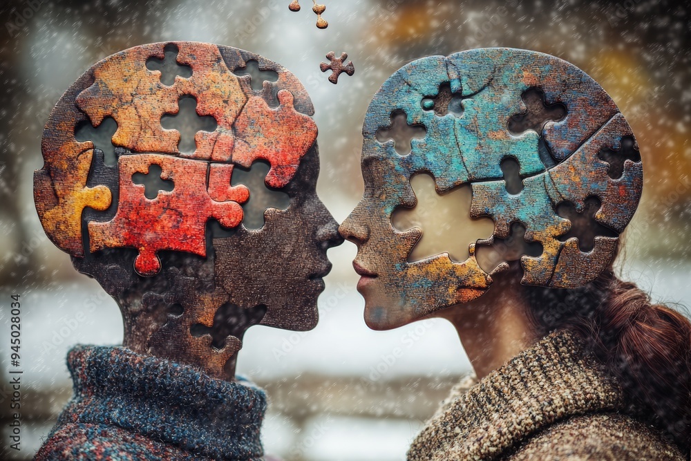 Poster a conceptual portrait of two faces with puzzle piece brain patterns symbolizing the intricate nature