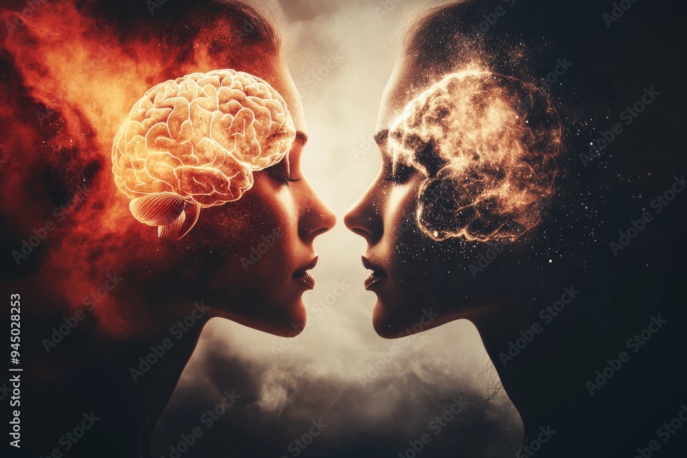 Poster a whimsical portrait of two individuals with brain patterns symbolizing the playful and intricate na