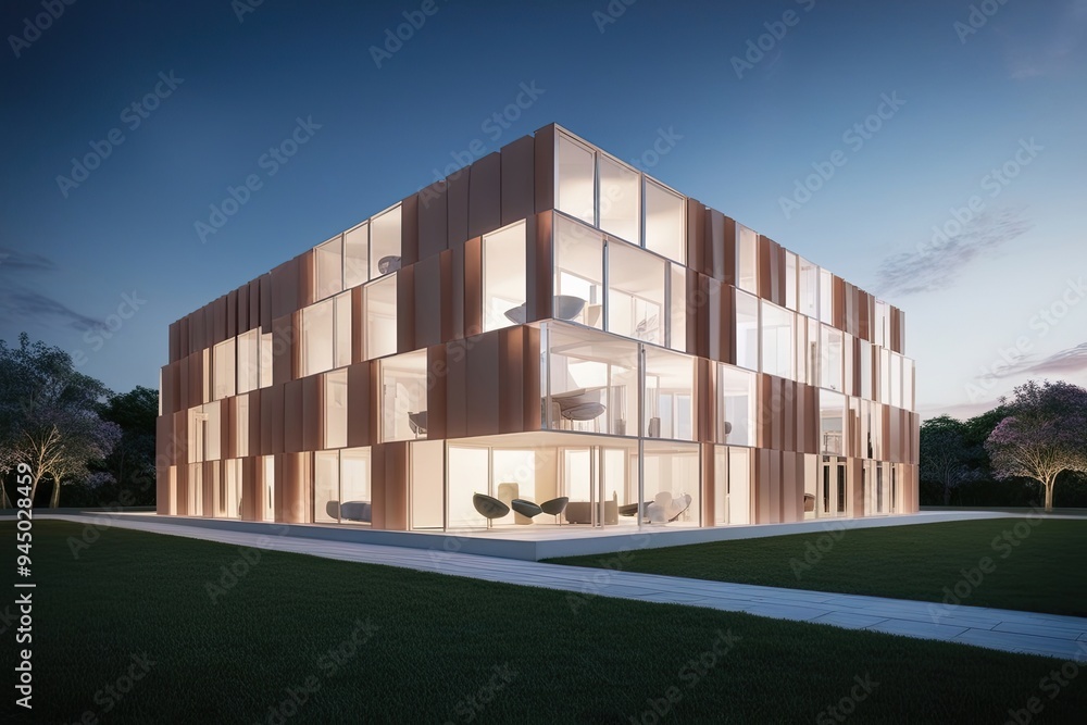 Poster luminous 3d visualization of fragmented prism structures in contemporary architectural design