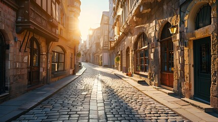 Fototapeta premium A charming cobblestone street bathed in warm sunlight, showcasing historic architecture.