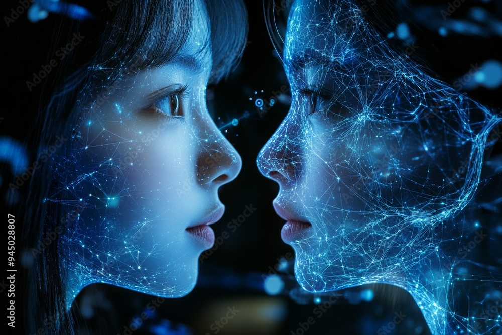 Poster a conceptual portrait of two faces with puzzle piece brain patterns symbolizing the intricate nature