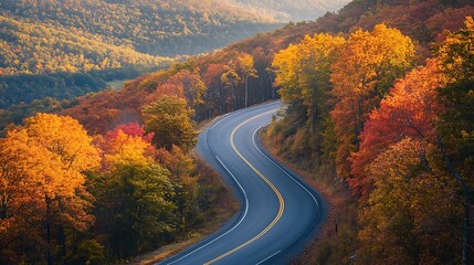 Naklejka premium Serene Autumn Drive: Aerial View of Curving Road Through Vibrant Trees with Mountain Background During Golden Hour Light