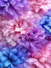 Obraz premium A vibrant arrangement of pink and blue flowers, showcasing delicate petals in a harmonious blend of colors.