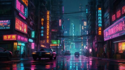 Obraz premium Cyberpunk-Inspired Urban Street with Glistening Reflections of Neon Signs