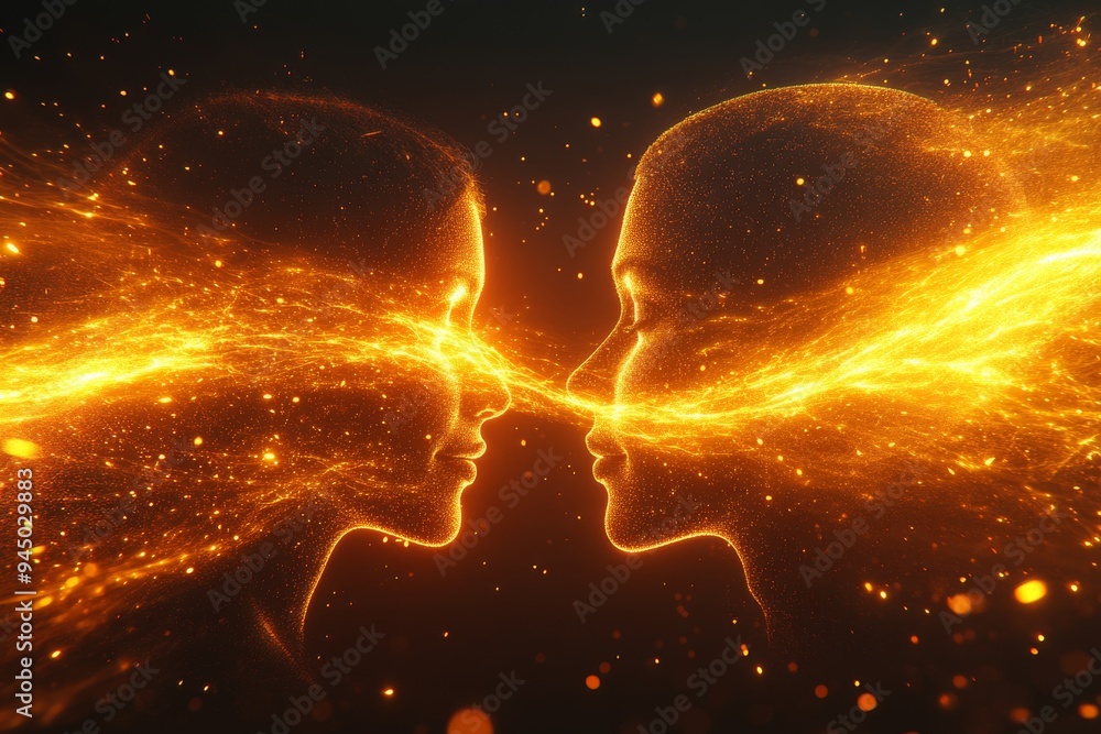 Poster a vibrant conceptual illustration of two faces with glowing neural networks symbolizing the powerful