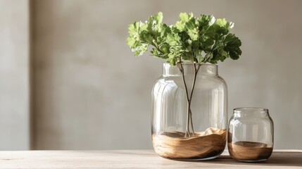 A vase crafted from recycled glass and driftwood, highlighting the elegance of eco-conscious design, with an asymmetrical, avant-garde silhouette