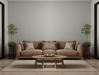 Modern Living Room with Brown Leather Sofa, Coffee Table, and Plants