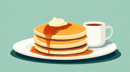 Delicious pancakes with syrup and cup of coffee create cozy breakfast scene.