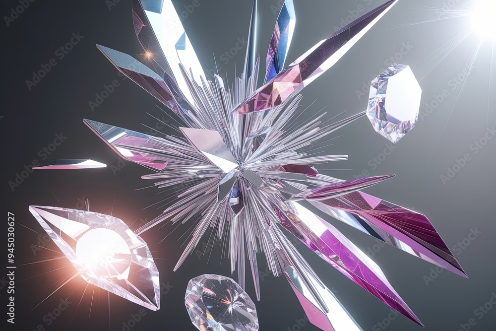 Poster 3d visualization of shimmering fragmentation with contemporary abstract forms and radiant crystal ar
