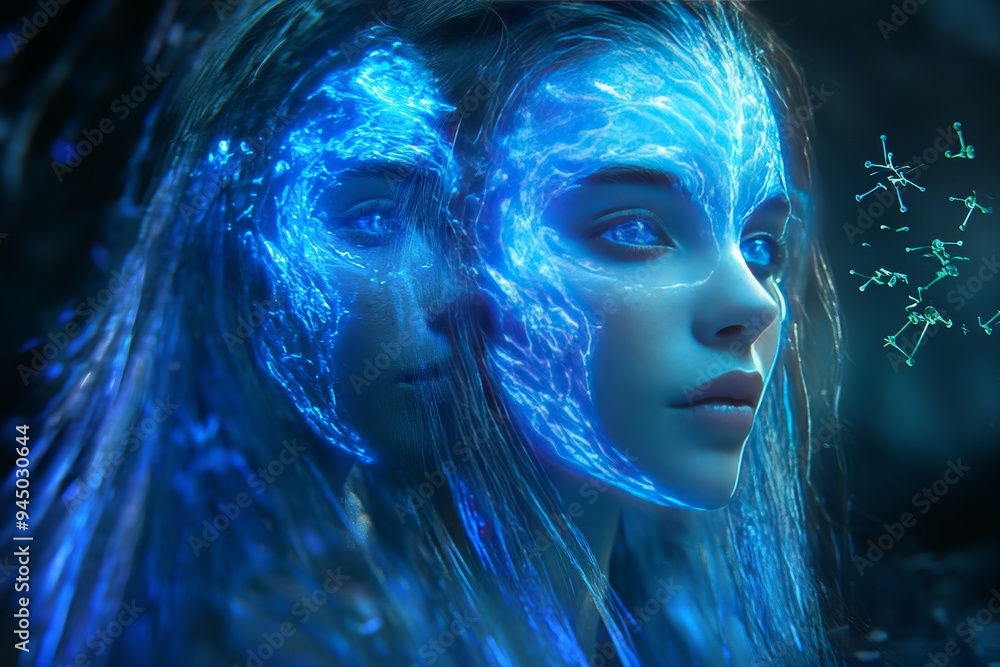 Poster a futuristic portrait of two women with neural network overlays representing the complexity of thoug