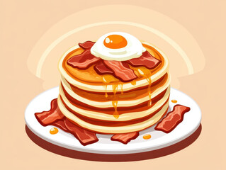 Delicious pancakes topped with crispy bacon and sunny side up egg evoke sense of comfort and indulgence.