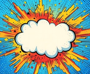Comic-style explosion with white speech bubble on a colorful dotted background. Pop art template for poster, banner,