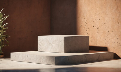 A simple concrete platform against a brown wall, bathed in sunlight, ready for a product display