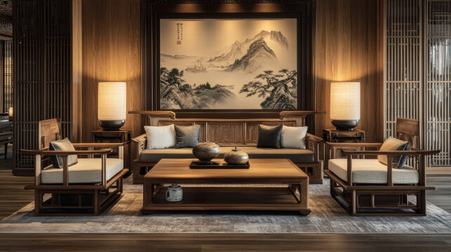 Luxurious wooden Chinese furniture placed against a detailed wood grain backdrop,