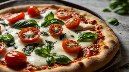 A Classic Pizza With A Thin Crust, Topped With Fresh Mozzarella, Tomatoes, And Basil Leaves, Just Out Of The Oven, Food Image