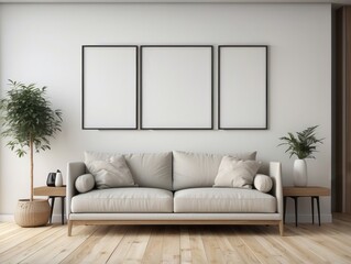 Minimalist Living Room with White Sofa and Three Empty Frames