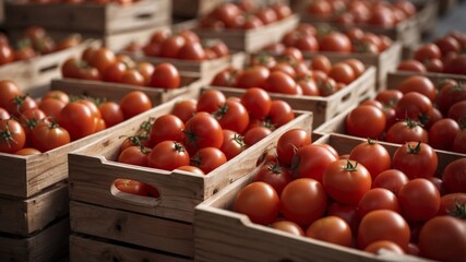 Fresh tomatoes in wooden crates at a market.