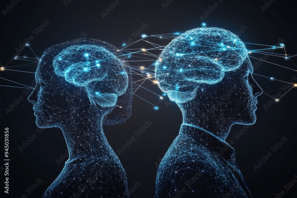 Poster a futuristic profile of a couple with glowing brain patterns representing the fusion of intellect em