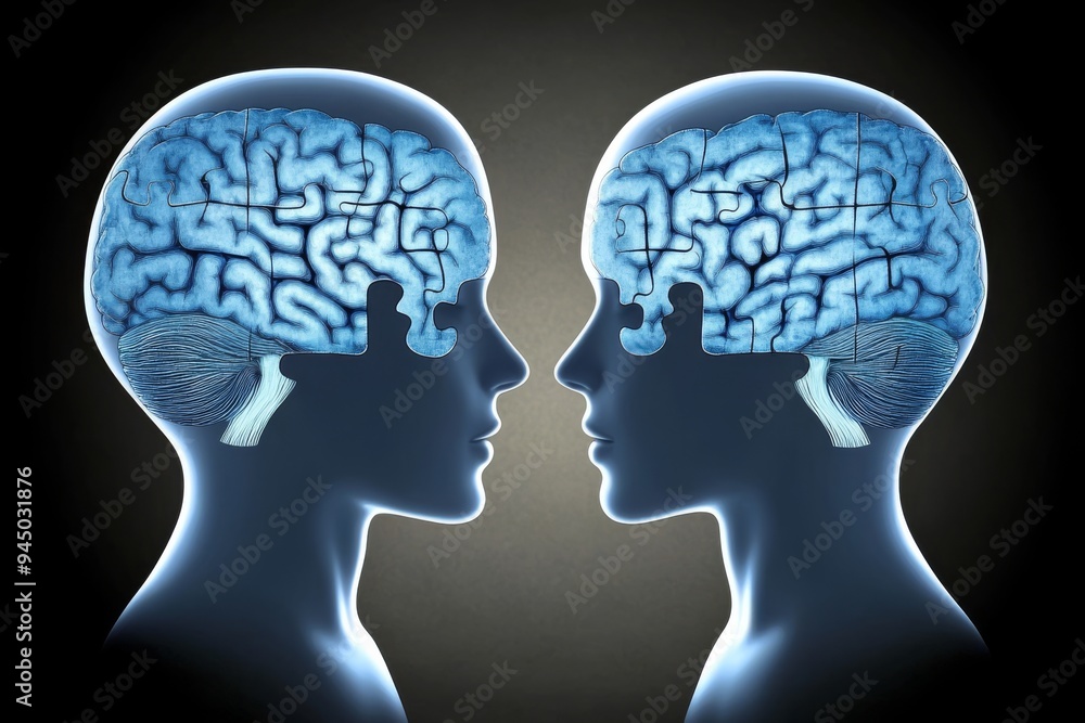 Poster a conceptual double exposure of two faces with brain patterns symbolizing the intricate nature of un