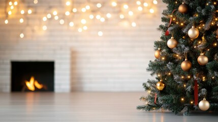 A towering Christmas tree adorned with sparkling gold ornaments, twinkling fairy lights, and elegant red ribbons, against a backdrop of a cozy fireplace.
